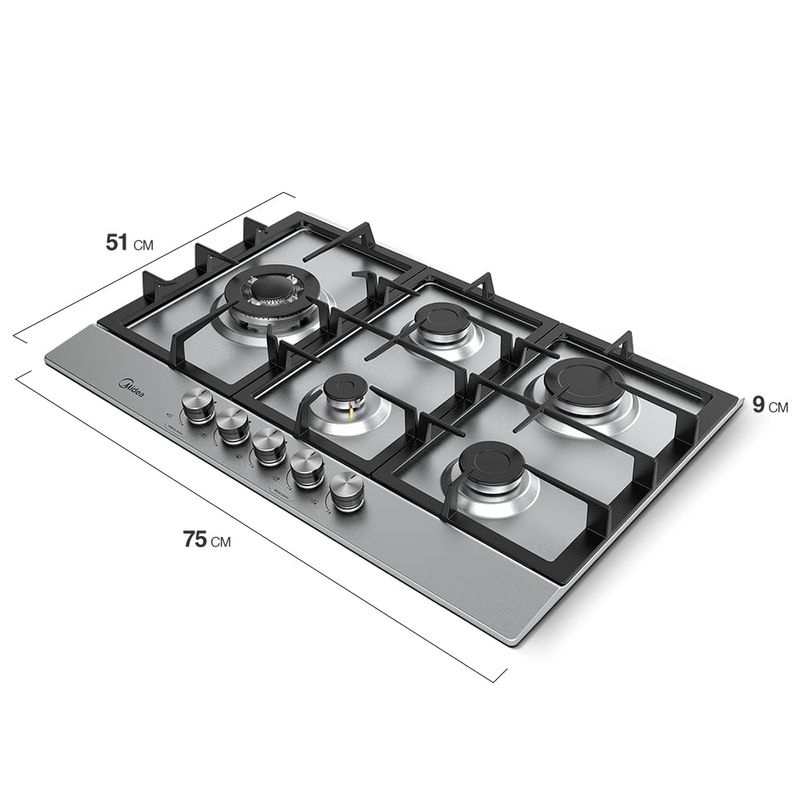 Cooktop 5 Bocas a Gás Inox com Mega Chama | Midea