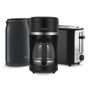 Kit Cafeteira Elétrica Preta 1,5L + Chaleira Elétrica Preta 1,7L Double Wall + Torradeira Elétrica Automática QuickToast Preta Midea
