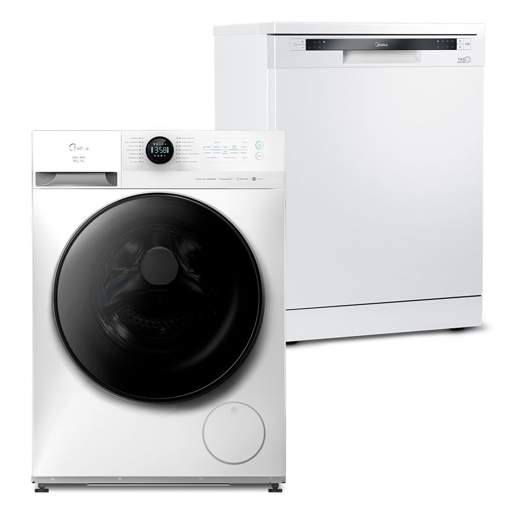 Kit Lava e Seca 11kg Branca Slim HealthGuard Conectada + Lava Louças 14 Serviços Branca Midea MF201D110WB/WK-02.DWA14B2 — Kit 1