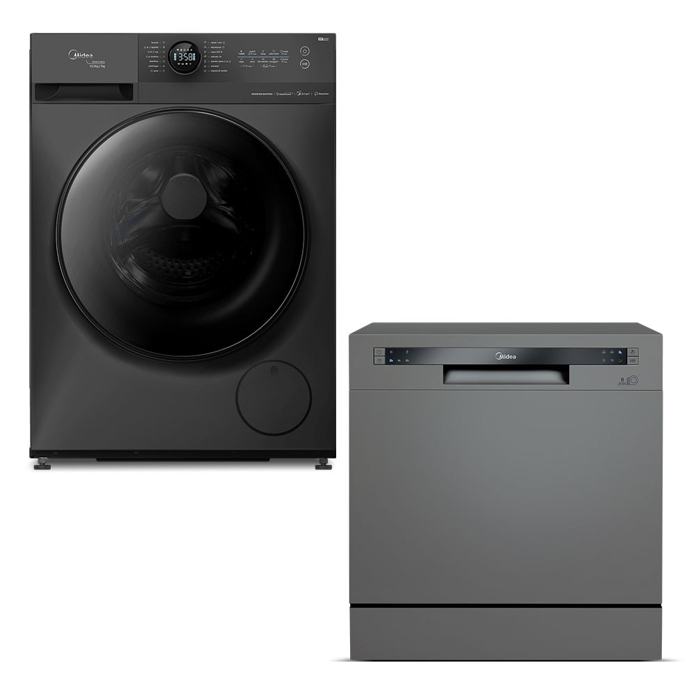 Kit Lava e Seca 10,5kg HealthGuard Titanium Conectada + Lava Louças 8 Serviços Cinza Midea MF200D105WBGK01.DWA08S1