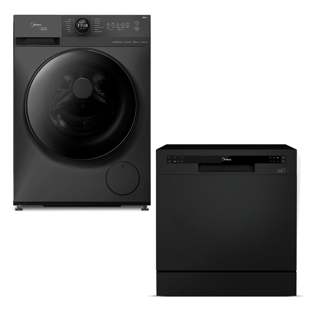 Kit Lava e Seca 10,5kg HealthGuard Titanium Conectada + Lava Louças 8 Serviços Preta Midea MF200D105WB/GK-02.DWA08P2