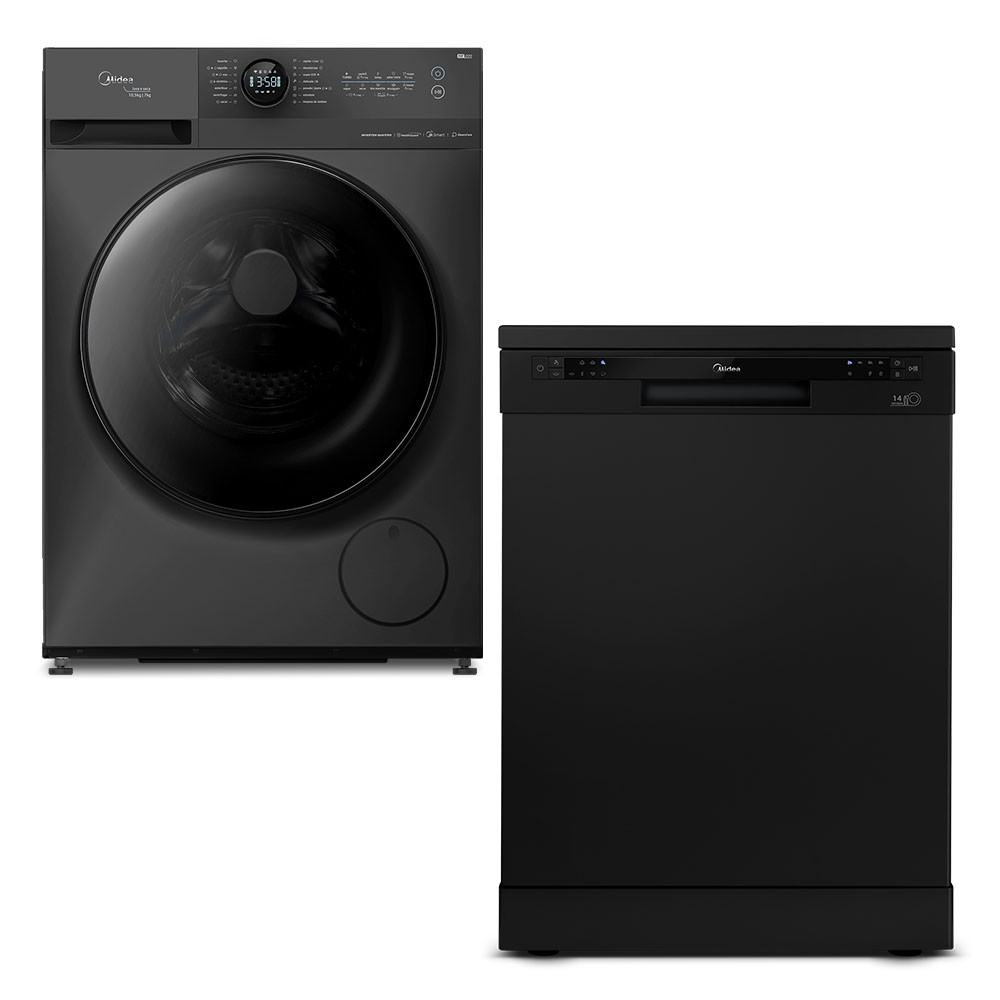 Kit Lava e Seca 10,5kg HealthGuard Titanium Conectada + Lava Louças 14 Serviços Preta Midea MF200D105WB/GK-01.DWA14P1