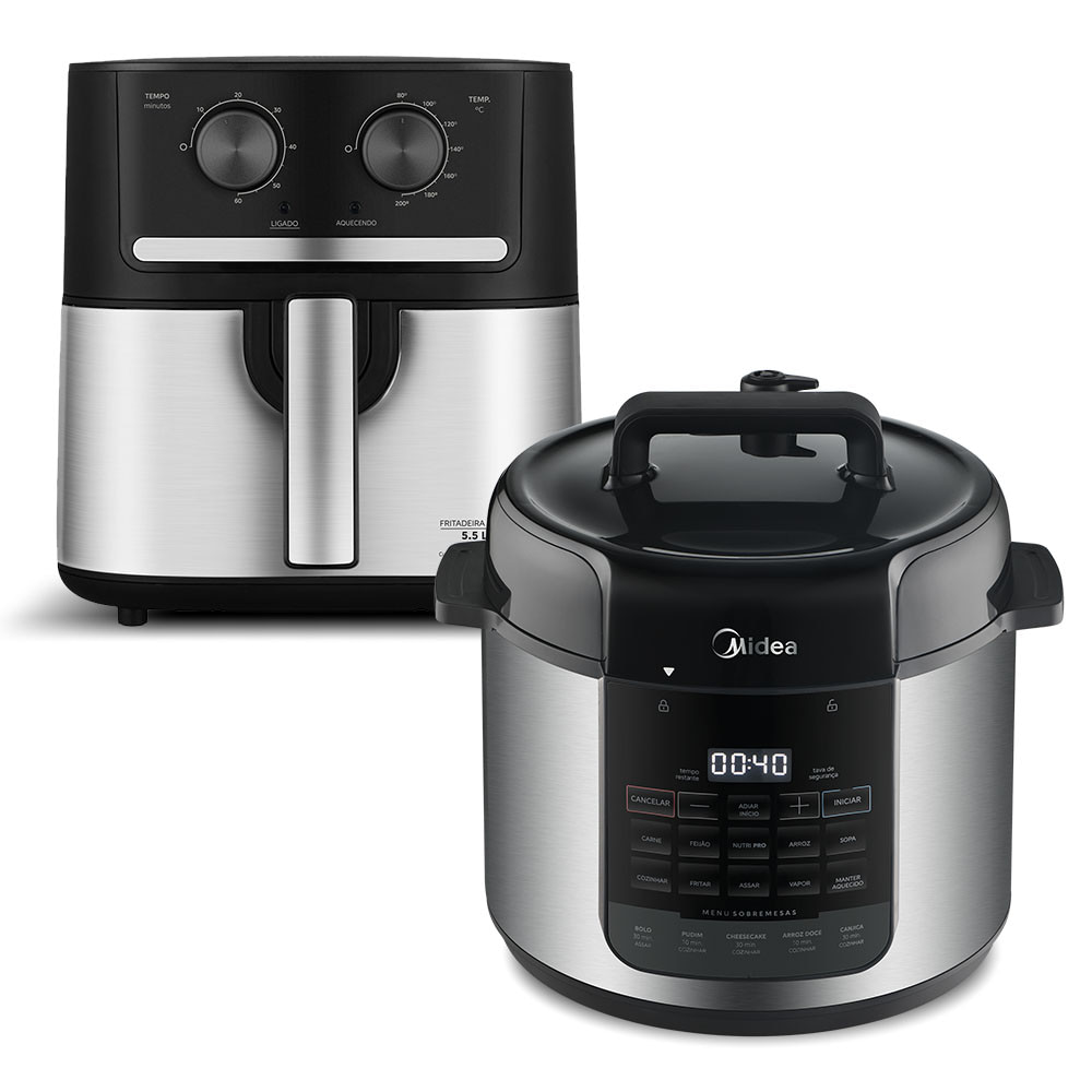 Kit Panela de Pressão Elétrica 5L NutriPro Inox + Fritadeira Air Fryer 5,5L Cyclone Preto e Inox Midea PP5MS1.FM55S1